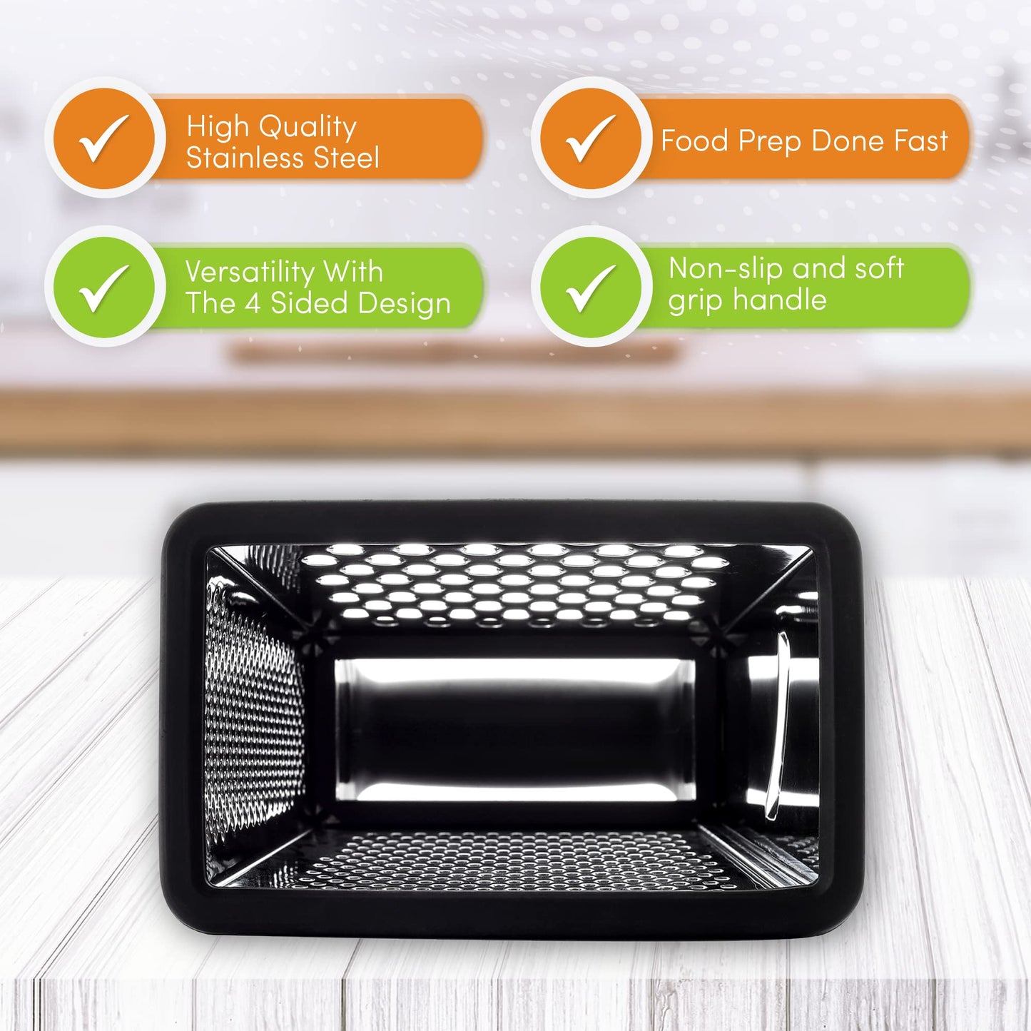 Spring Chef Professional 10" Parmesan Cheese Grater With Container, Stainless Steel & Soft Grip Handle, 4 Sided Kitchen Cheese Shredder, Handheld Box Grater for Vegetables, Potato, Carrot - Black