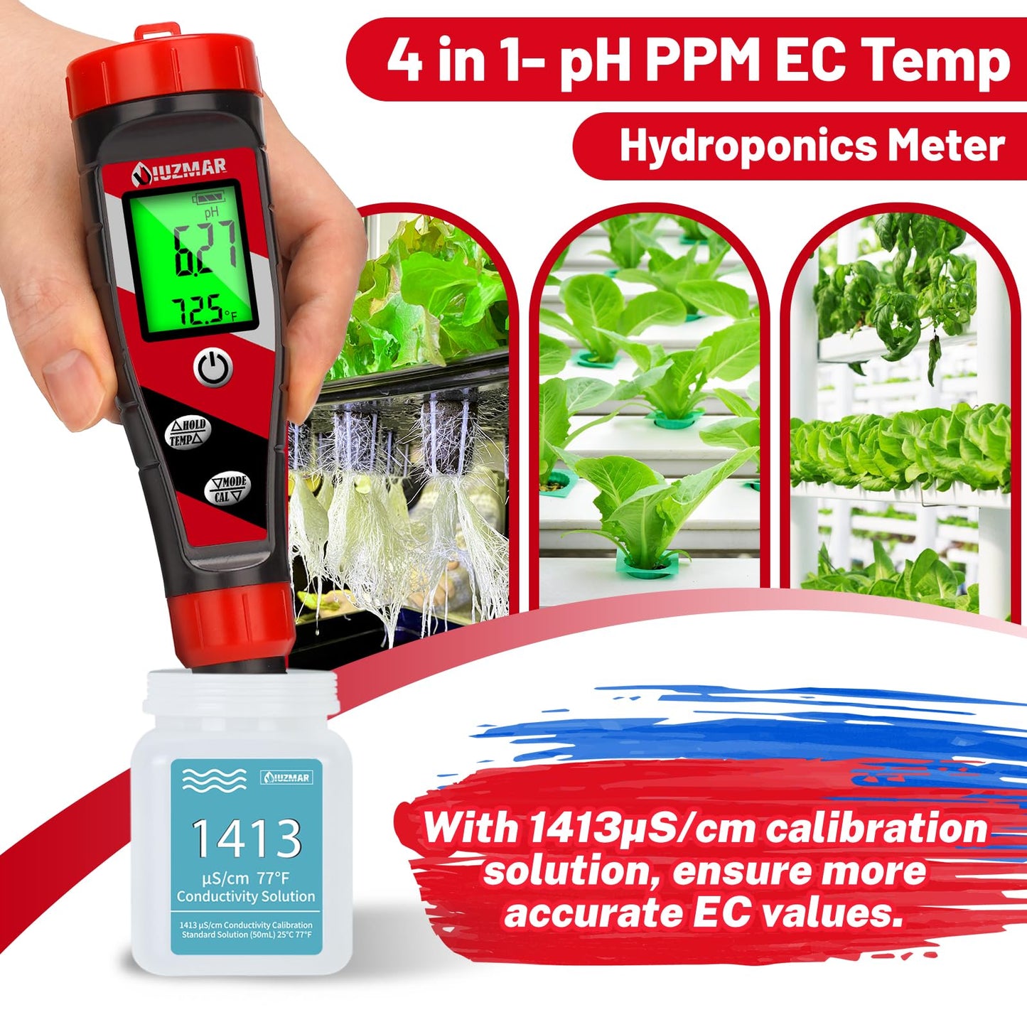 UIUZMAR pH Meter for Water Hydroponics Supplies - pH Up and Down Tester Digital PPM Meter EC Meter Combo for Home Growers – Accurate pH Tester TDS EC Reader for Hydroponics