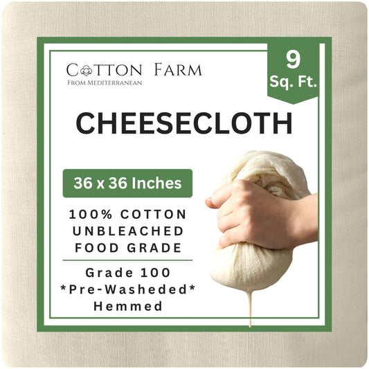Cotton Farm Grade 100 XL Cheese Cloths - Straining & More; 36x36 Inch; 100% Unbleached Cotton Cheesecloth; Reusable with Hemmed 2 Edges; Ultra-Dense (the finest) Butter Muslin