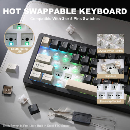 YUNZII AL71 75% Mechanical Keyboard,Full Aluminum CNC,Hot Swappable Gasket,2.4GHz Wireless BT5.0/USB-C Wired,NKRO Programmable RGB Backlight Creamy Typing for Win/Mac(Black,Crystal White Switch)