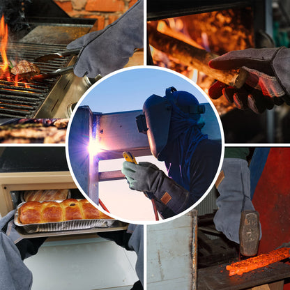 WZQH 16 Inches,932℉,Leather Welding Gloves, Heat/Fire Resistant,Large Mitts for BBQ,Oven,Grill,Fireplace,Tig,Mig,Forge,Baking,Furnace,Stove,Pot Holder,Animal Handling Glove.L Black-gray