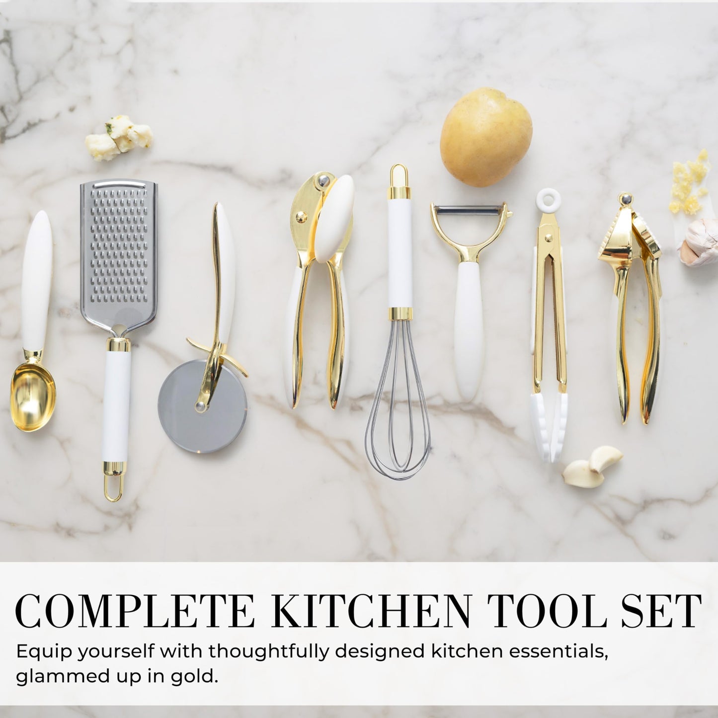 White & Gold Cooking Utensils Set - Luxe 8-Piece Kitchen Gadget Set Includes Can Opener, Tongs and Garlic Press - Stylish White and Gold Kitchen Accessories for Modern Kitchens, Ideal for Gifting