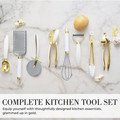 White & Gold Cooking Utensils Set - Luxe 8-Piece Kitchen Gadget Set Includes Can Opener, Tongs and Garlic Press - Stylish White and Gold Kitchen Accessories for Modern Kitchens, Ideal for Gifting