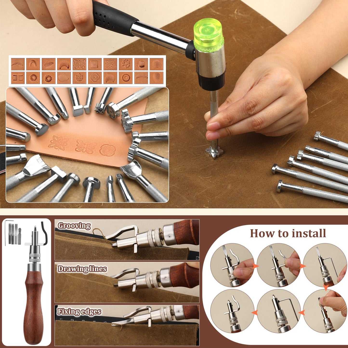 QMNNMA 102PCS Leather Working Tools Leather Tool Kit with Custom Storage Bag, Leather Carving Tools Leather Working Kit for Sewing Carving Cutting Punching Stamping