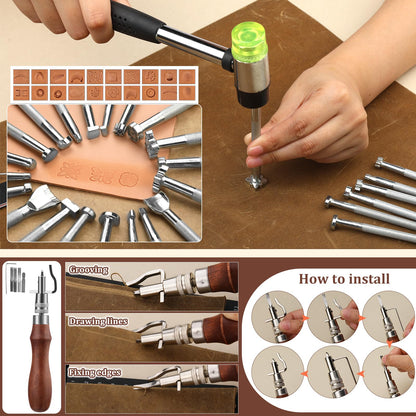QMNNMA 102PCS Leather Working Tools Leather Tool Kit with Custom Storage Bag, Leather Carving Tools Leather Working Kit for Sewing Carving Cutting Punching Stamping