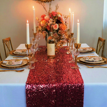 ShinyBeauty Burgundy Table Runner 108 Inches Long Sequin Table Runners 20 Packs Sparkle Maroon Runner for Party Dinning Outdoor Cake Tables Christmas Decor(12X108Inch)