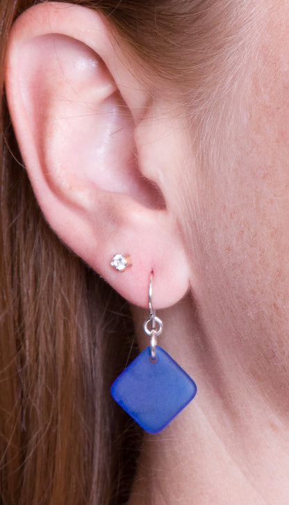 Delicate Diamond Sea Glass Earrings (Ocean) Beach Glass Earrings for Women by EcoSeaCo, using sustainable, recycled and repurposed material. Handmade Jewelry in the USA