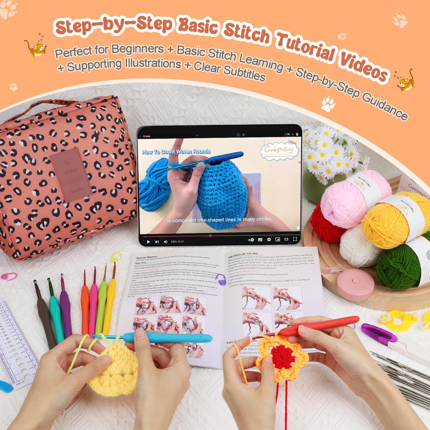 Coopay Crochet Kit Beginners Crochet Hook Set with Crochet Yarn,58PCS Portable Crochet Set Ergonomic Crochet Hooks Travel Knitting Crochet Supplies