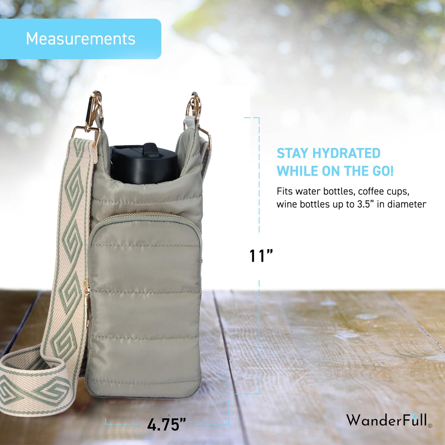 WanderFull® Original HydroBag® Fits Up to 32 oz Water Bottle Holder with Strap - Hands-Free Crossbody Water Bottle Carrier Bag with Phone Pocket - Sage