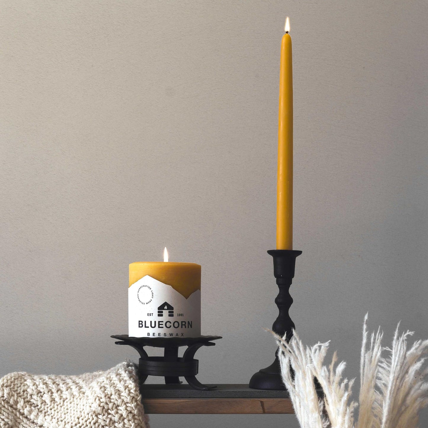 Bluecorn Beeswax 100% Pure Beeswax Taper Candles | Natural Beeswax, Yellow Unscented Tapered | Soy, Paraffin, & Fragrance Free | 8 Inch, Pair - Two Candlesticks