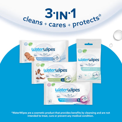 WaterWipes Sensitive+ Newborn & Baby Wipes, 3-In-1 Cleans, Cares, Protects, 99.9% Water, Unscented & Hypoallergenic, 720 Count (12 Packs)