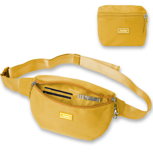 The Foldie Foldable Crossbody Bags for Women & Men - Anti-Theft RFID-Safe Fanny Pack with Smart Lockable Zippers and Cut-Resistant Strap - Lightweight Waist Pack for Travel & Everyday Use - Yellow