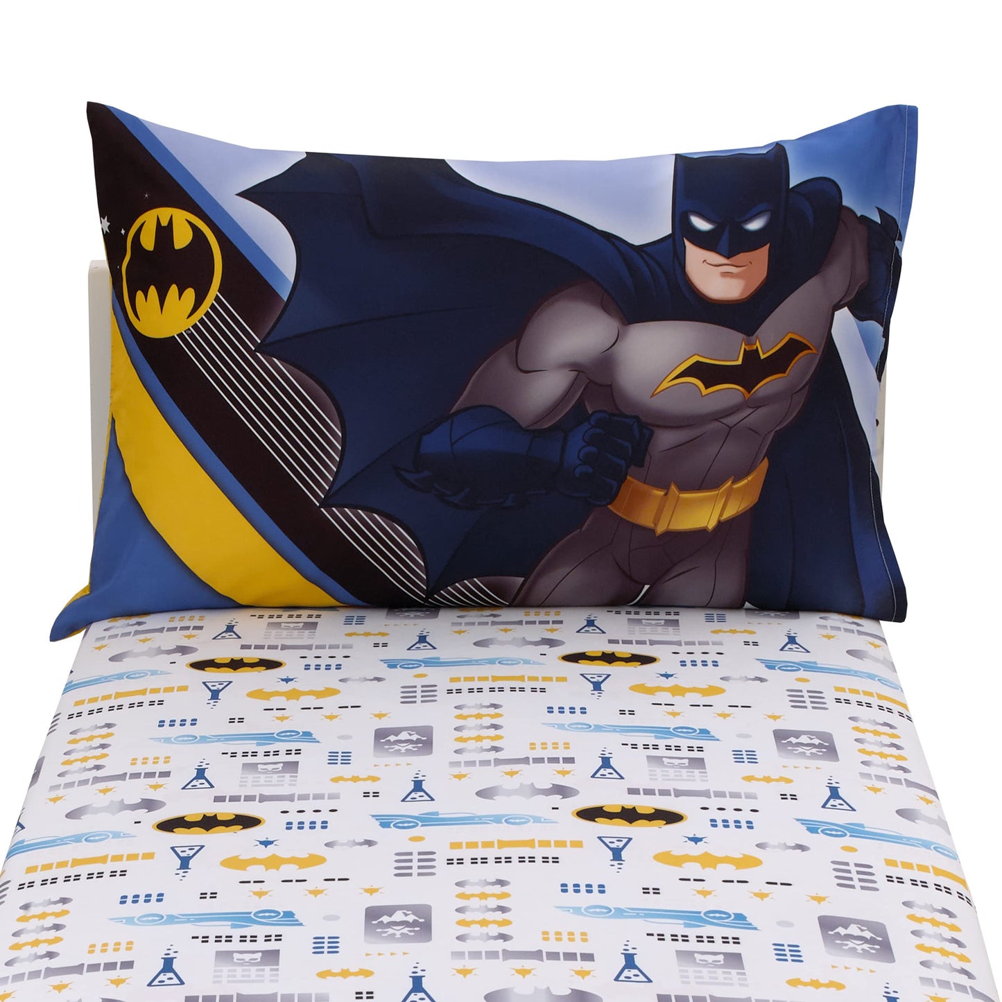 Warner Brothers Batman The Caped Crusader Blue, Gray, and Yellow Bat-Signal and Batmobile 2 Piece Toddler Sheet Set - Fitted Bottom Sheet and Reversible Pillowcase