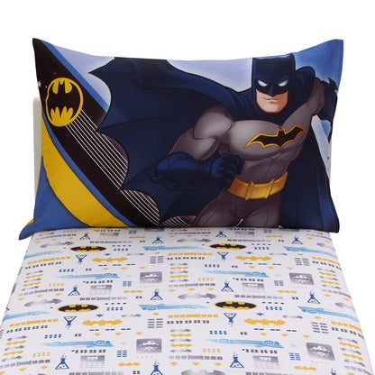 Warner Brothers Batman The Caped Crusader Blue, Gray, and Yellow Bat-Signal and Batmobile 2 Piece Toddler Sheet Set - Fitted Bottom Sheet and Reversible Pillowcase