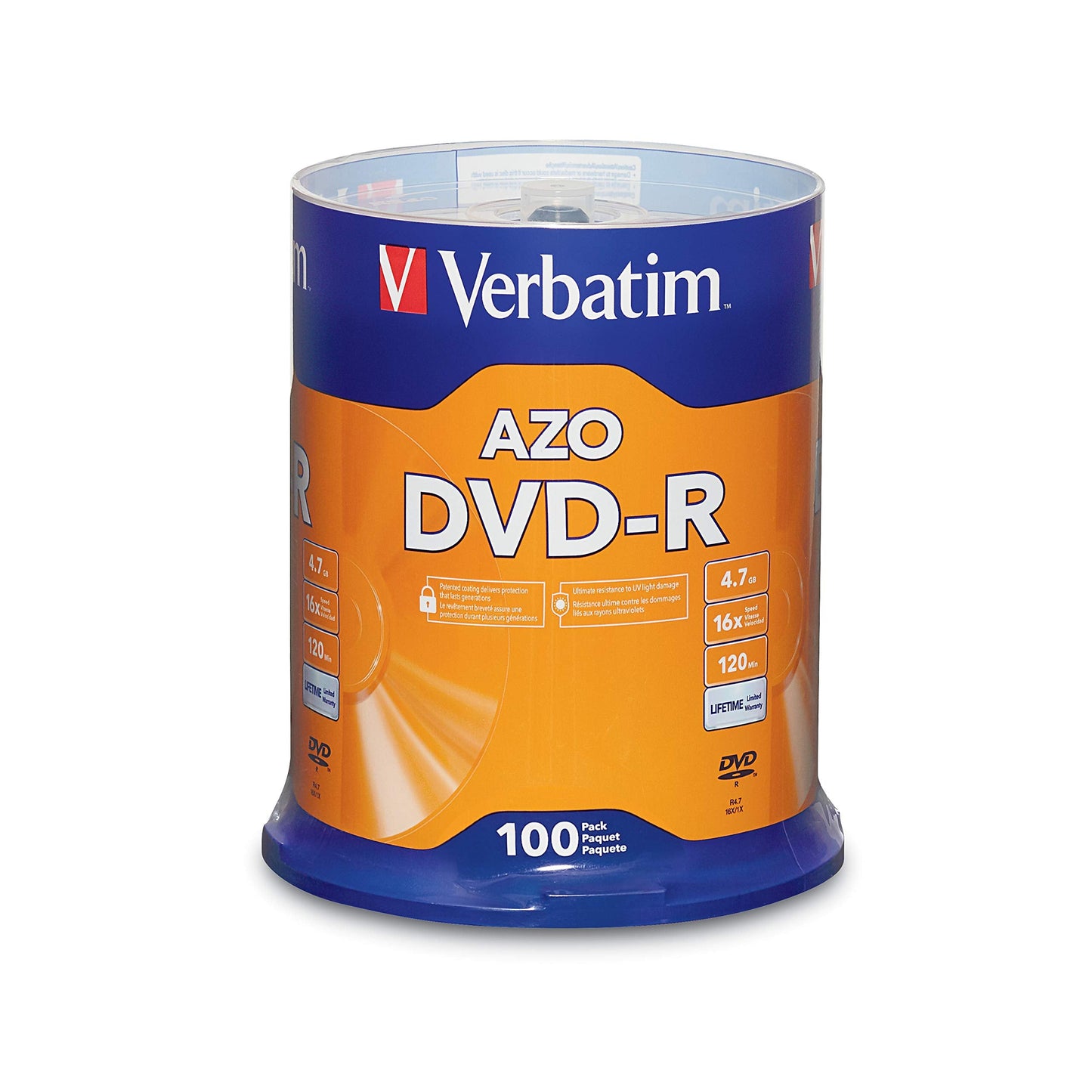 Verbatim DVD-R Blank Discs AZO Dye 4.7GB 16X Recordable Disc - 100 Pack Spindle Frustration Free Packaging