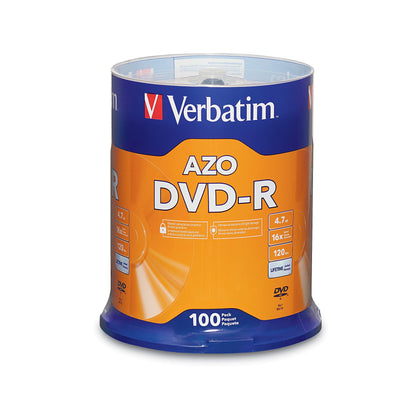 Verbatim DVD-R Blank Discs AZO Dye 4.7GB 16X Recordable Disc - 100 Pack Spindle Frustration Free Packaging