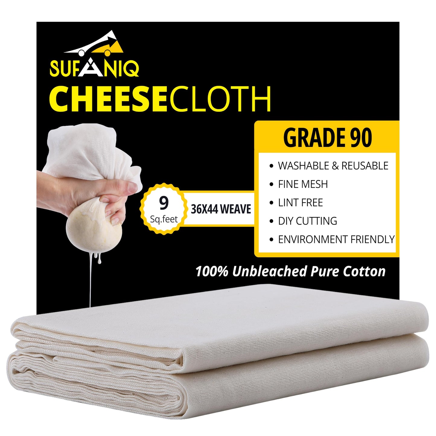 Sufaniq Cheese Cloths, Grade 90 (9 Sq Feet) 100% Pure Cotton Reusable Cheesecloth, Unbleached Ultra Fine Fabric, Cheesecloth for Straining, Premium Butter Muslin Cloth for Straining - 1 Sq Yard