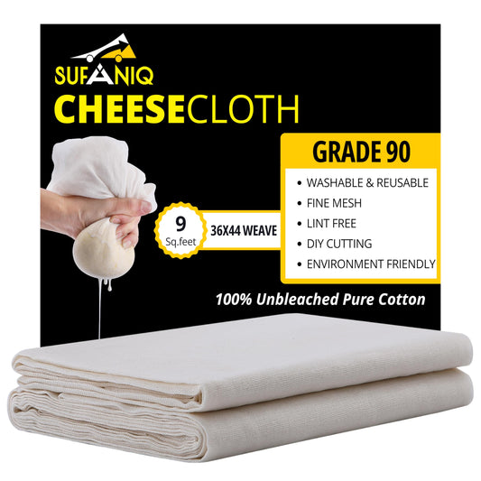 Sufaniq Cheese Cloths, Grade 90 (9 Sq Feet) 100% Pure Cotton Reusable Cheesecloth, Unbleached Ultra Fine Fabric, Cheesecloth for Straining, Premium Butter Muslin Cloth for Straining - 1 Sq Yard