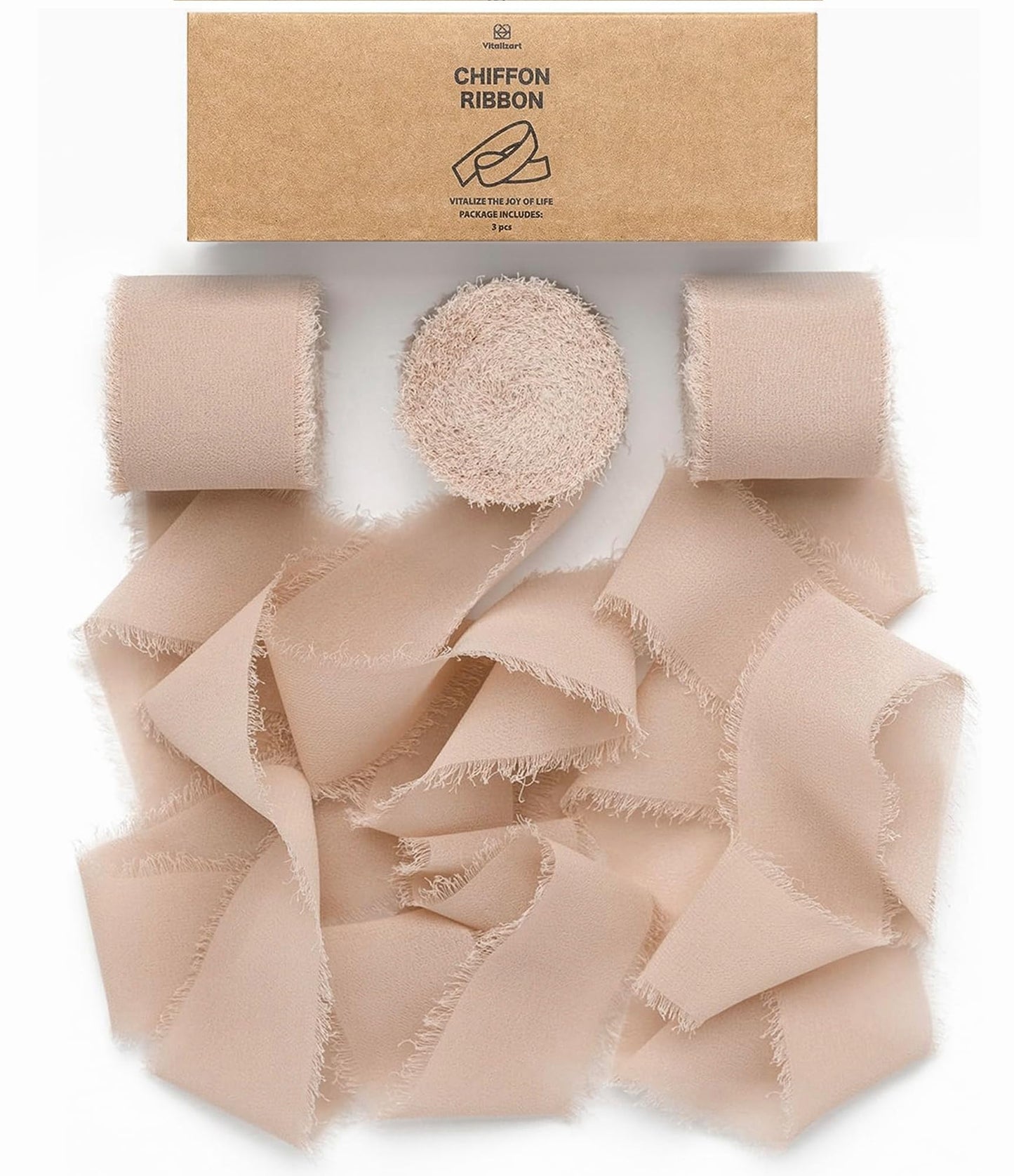 Vitalizart Nude Handmade Chiffon Silk Ribbon Fringe 3 Rolls 1.5" x 21 Yd Brown Frayed Edges Ribbons for Wedding Invitations Bridal Bouquets Gifts Wrapping Crafts Holiday Decor