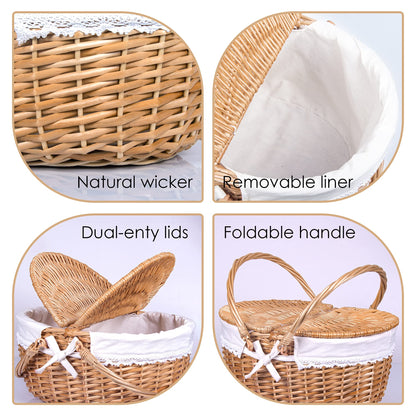 Wicker Picnic Basket with Lid and Handle Sturdy Woven Body with Washable Lining for Easter,Mother's Day,Outdoor Camping