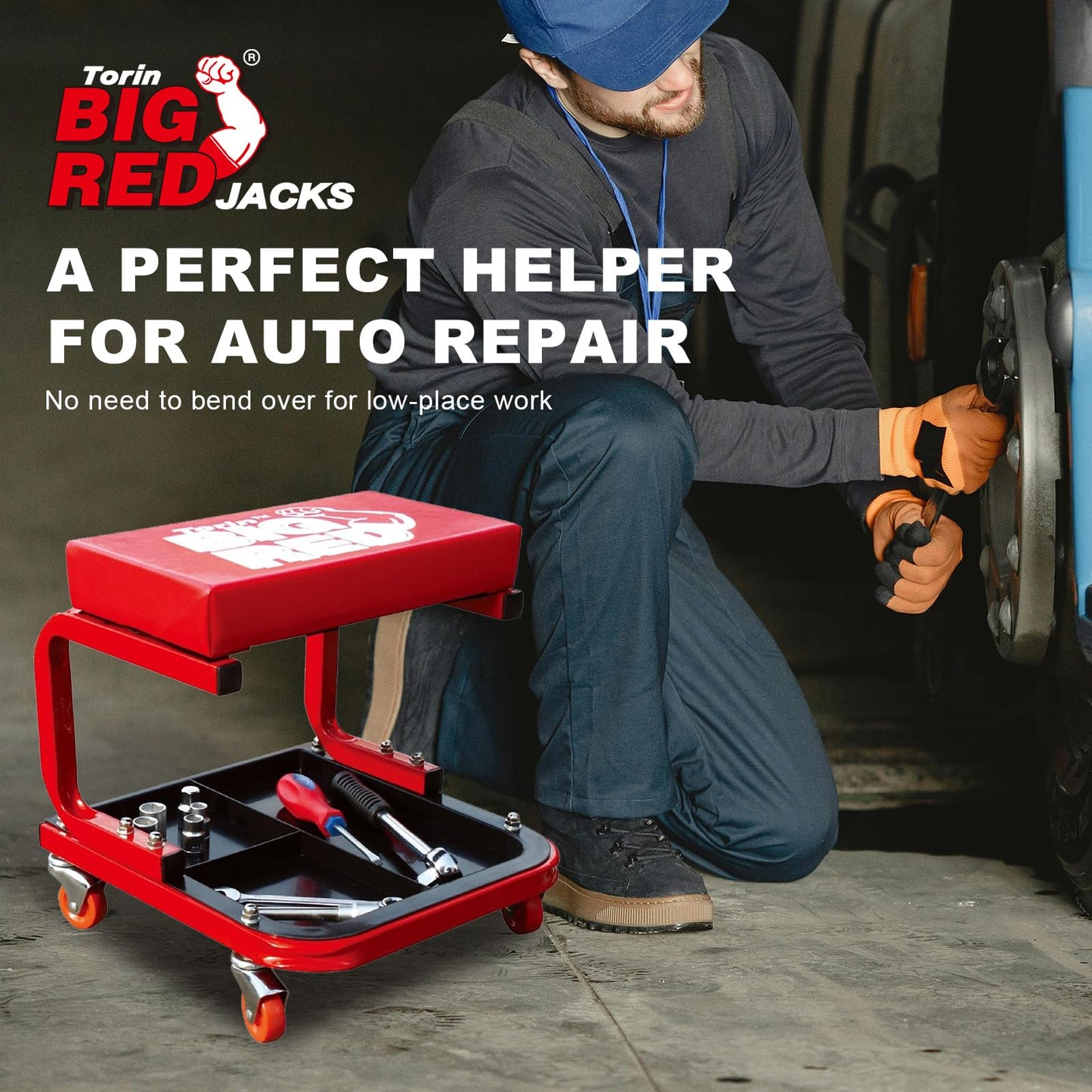 Torin TR6300 Red Rolling Creeper Garage/Shop Seat: Padded Mechanic Stool with Tool Tray Large