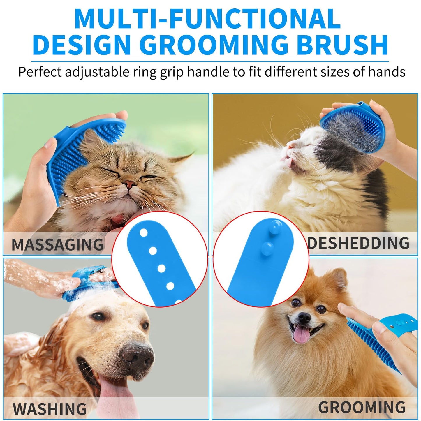 Comotech 3-in-1 Dog Grooming Brush | Adjustable Handle Shampoo Brush & Scrubber for Short & Long Haired Dogs & Cats (Blue Blue White)