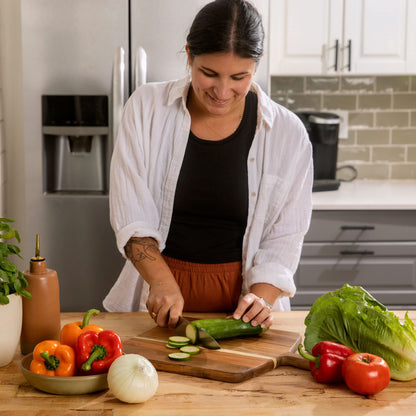 Acacia Wood Cutting Board and Chopping Board with Handle for Meat, Cheese Board, Vegetables, Bread, and Charcuterie - Decorative Wooden Serving Board for Kitchen and Dining Room, Large 17" x 13"