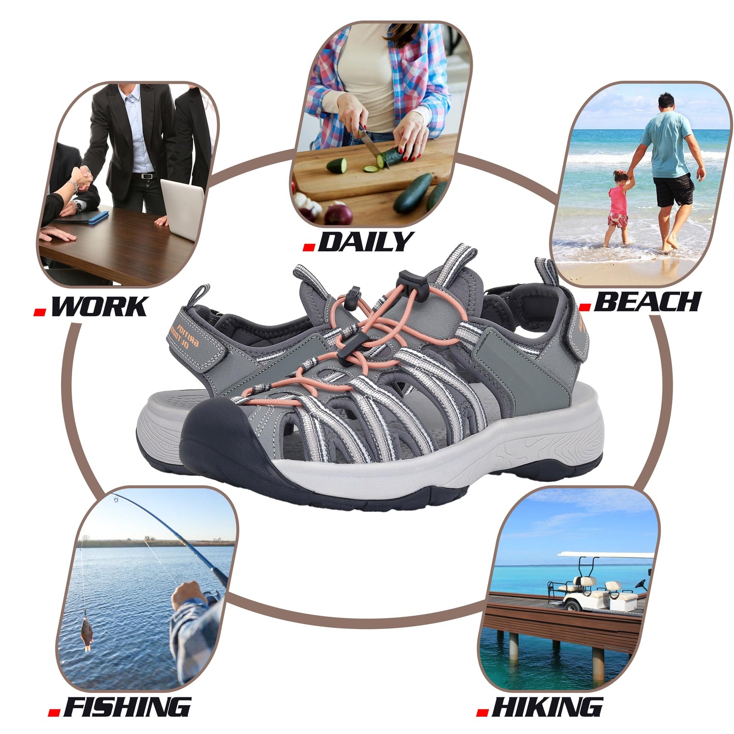 GRITION Womens Hiking Sandals, Ladies Closed Toe Walking Athletic Outdoor Sandles Comfort Adjustable Sport Beach Water Shoes Summer Grey (8 US / 39 EU)