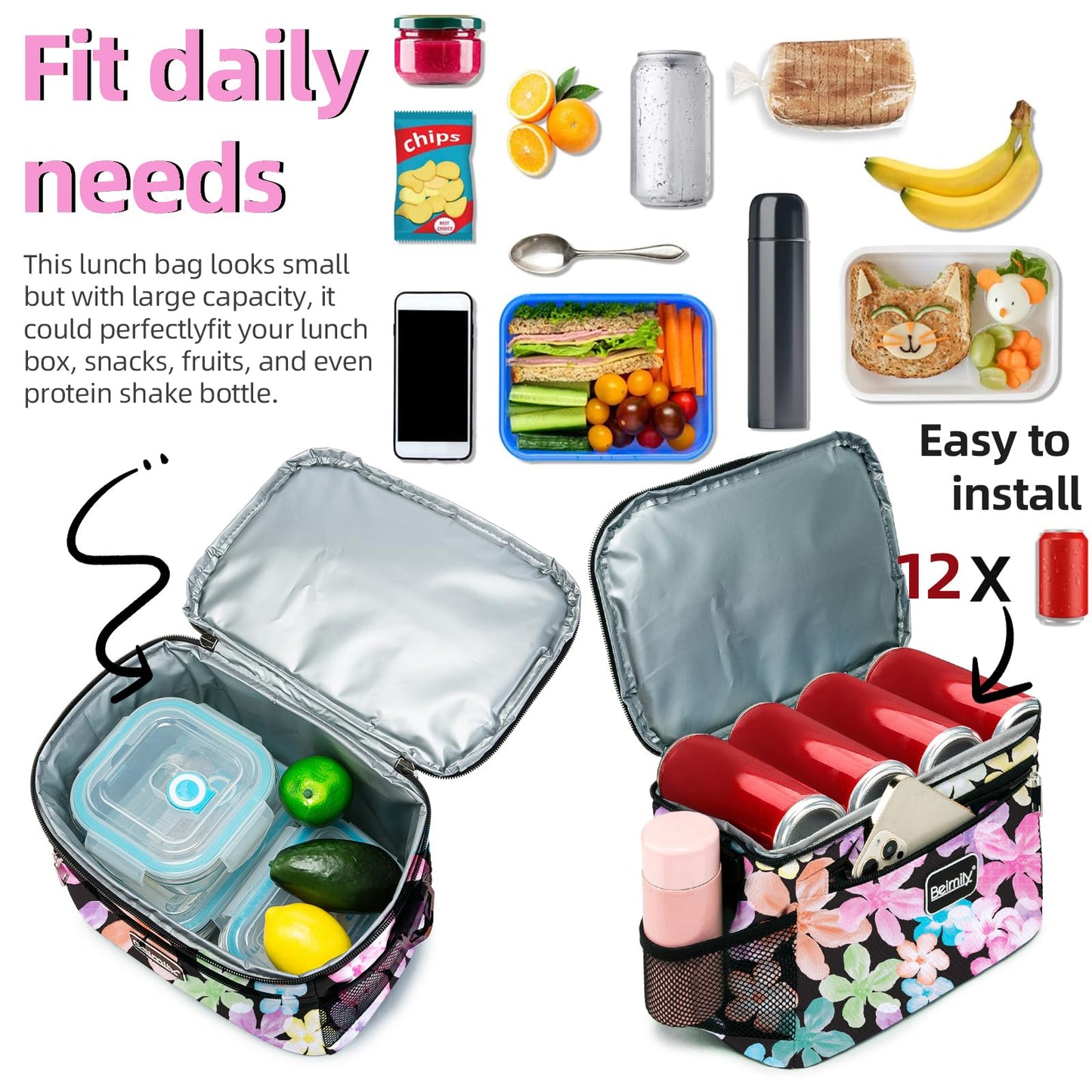 BEIMILY Lunch Bag for Women/Men,Reusable Lunch Box Small Lunch Bag Soft Sided,Leakproof Cooler Bag for Work