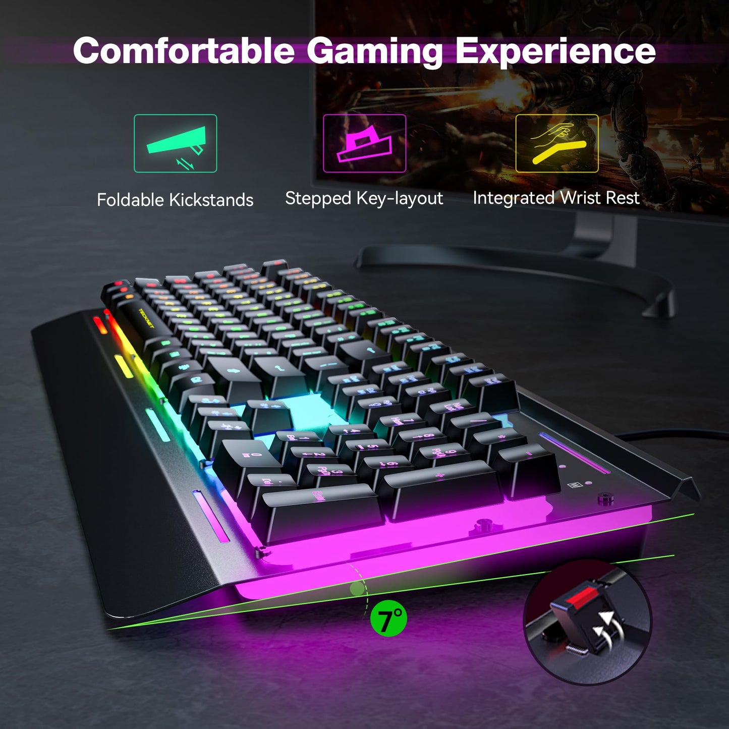 TECKNET Gaming Keyboard, USB Wired Computer Keyboard, 15-Zone RGB Illumination, IP32 Water Resistance, 25 Anti-ghosting Keys, All-Metal Panel (Whisper Quiet Gaming Switch)