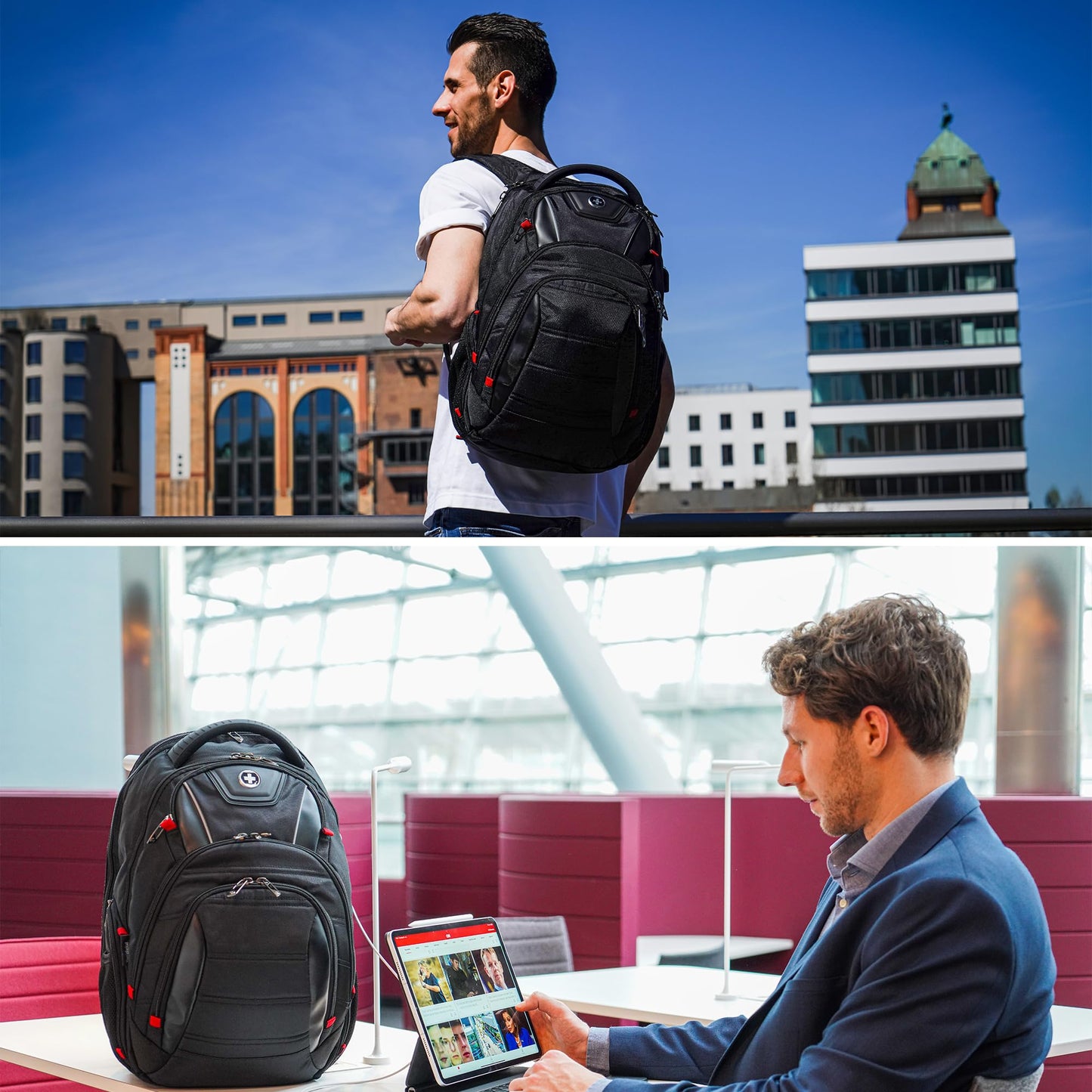 Swissdigital Design Men's Laptop Backpack for College and Business Travel with Integrated USB Charging Port and RFID Protection Fits Laptops up to 15.6 in, Black | J14-BR