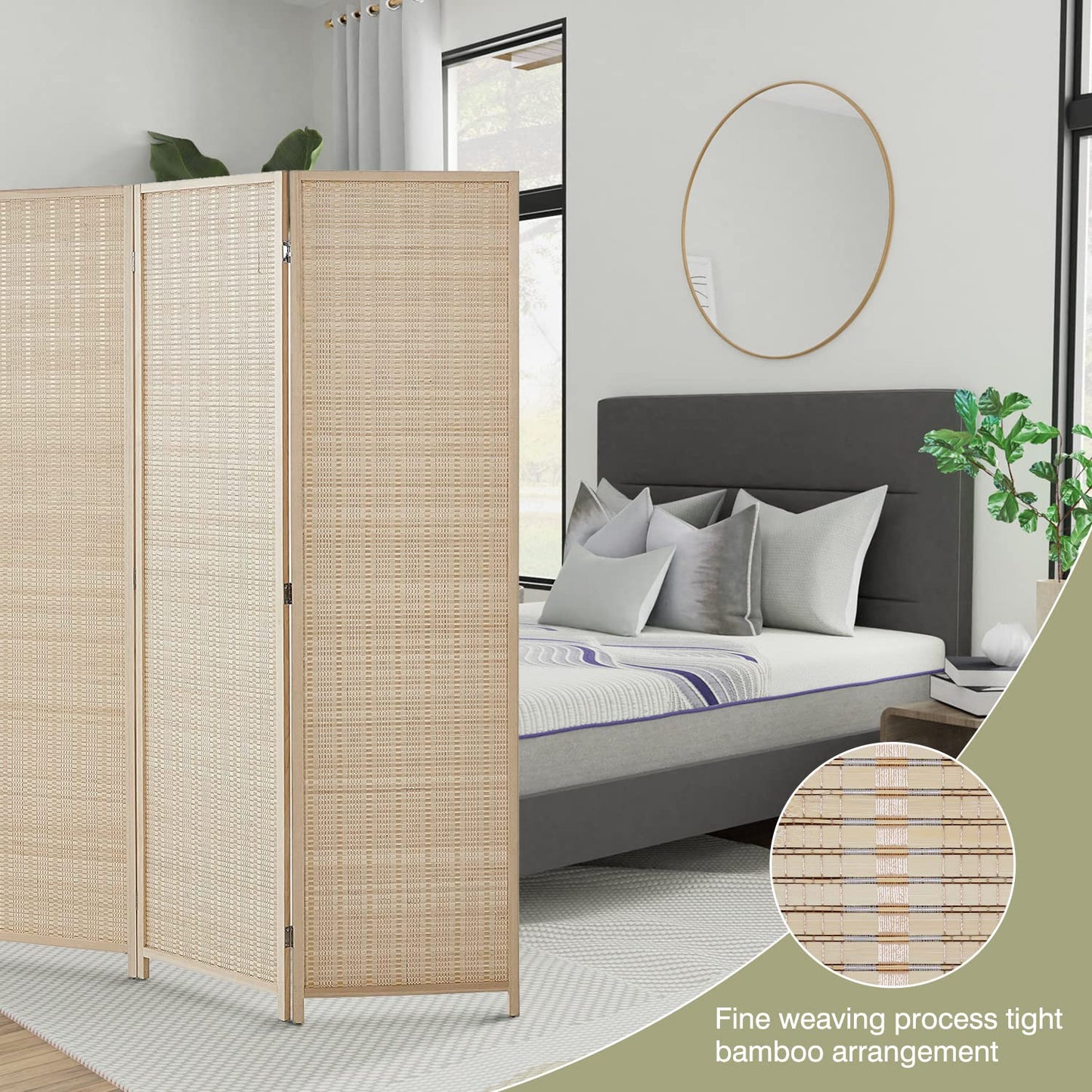 FDW Room Divider Bamboo Room Divider Wall Folding Privacy Wall Divider Wood Screen for Home Bedroom Living Room (6 Panel, Natural)