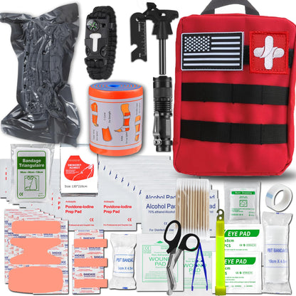 First Aid Kits with Tourniquet 36" Splint Bandage, Survival Gear and Equipment Multi-Purpose Emergency Bag Tool Kits, Survival First aid Kits Emergency kit for Outdoor Camping Hunting Car (Red)
