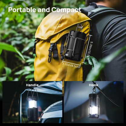 2 Pack Collapsible LED Camping Lantern, Consciot USB C Rechargeable and Battery Powered 2-in-1 Emergency Light with Flashlight and Magnetic Base, Power Outages Hurricane Supplies Survival Kits,Black