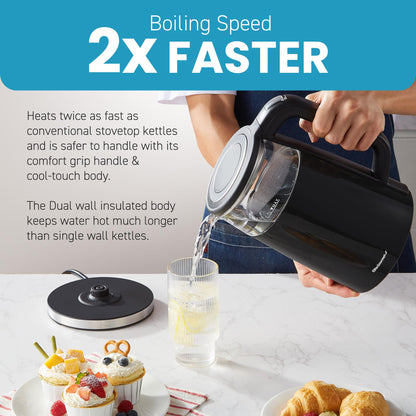 Elite Gourmet EKT8717 1.7L Dual Wall Cool Touch Electric Tea Kettle, Borosilicate Glass, 304 Stainless Steel Interior, Programmed Digital Touchscreen, Keep Warm, Auto Off & Audible Indicator, Black