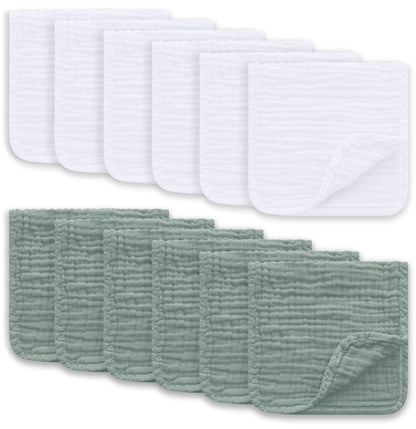 Ease Cubs Muslin Burp Cloths Large 100% Cotton Hand Washcloths for Boys & Girls, Baby Essentials Extra Absorbent and Soft Burping Rags for Newborn Registry (White & Green, 12-Pack, 20" X10")
