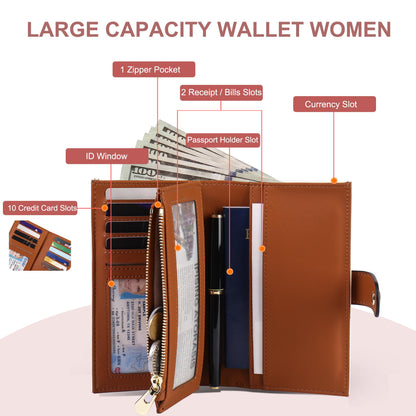 yiijay Women's Wallets RFID Blocking Leather Trifold Clutch Wallet Credit Card Holder Ladies Travel Wallet Purse with Pen Holder