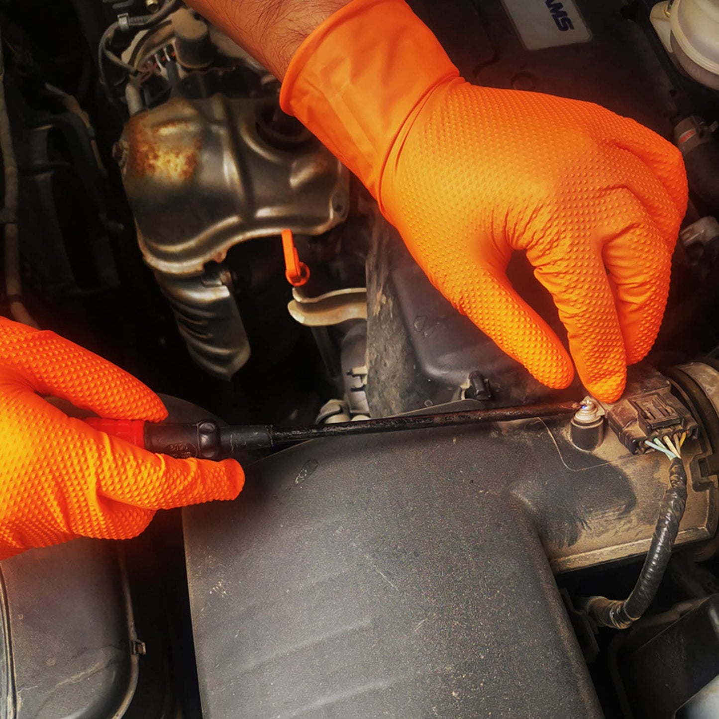 TitanFlex ThorGrip Heavy Duty Industrial Orange Nitrile Gloves, 8-mil, Gloves Disposable Latex Free with Raised Diamond Texture Grip, Powder Free, Rubber Gloves, Mechanic Gloves,100-ct Box (XL)