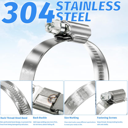 115pcs Heavy Duty Hose Clamps Set, 304 Stainless Steel Worm Gear Drive Hose Clamp Metal Fuel Line Pipe Clamp for Plumbing, Automotive And Mechanical Application