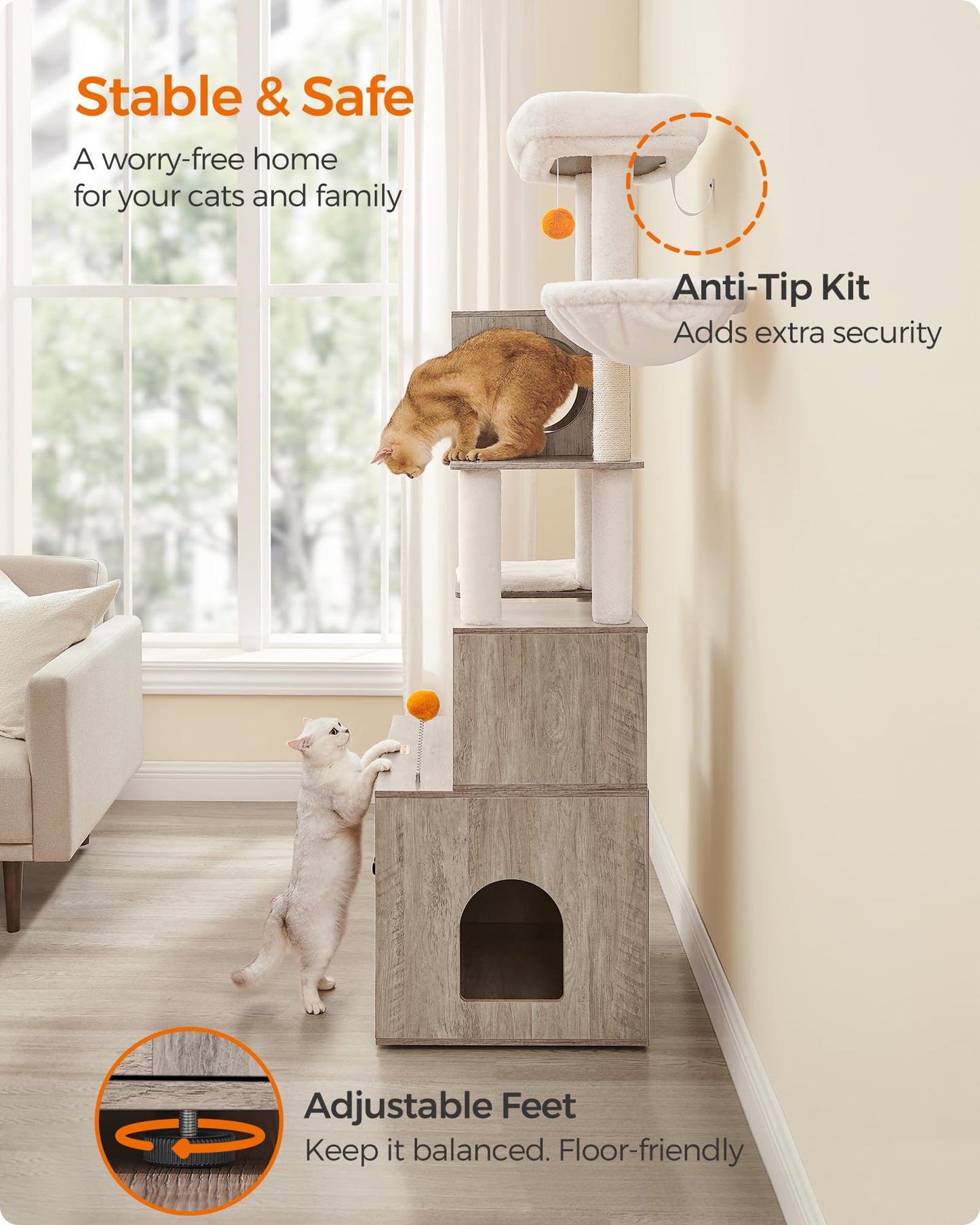 Feandrea Cat Tree with Litter Box Enclosure, 2-in-1 Modern Cat Tower, 70.8-Inch Tall Cat Condo with Scratching Posts, Perch, Caves, Basket, Washable Cushions, Heather Greige UPCT116G01