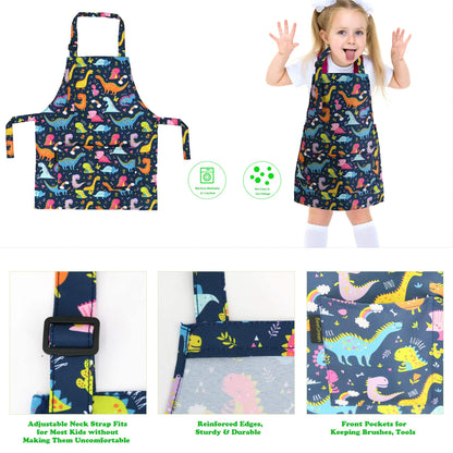 BeeGreen Kids Apron 2 Pack Cooking Aprons with Adjustable Strap Kids Kitchen Aprons with Front Pocket for Girls Toddler Painting Baking Artist Washable Foldable Lightweight (Dinosaurs+Space Planets)