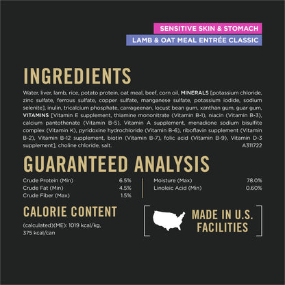 Purina Pro Plan Sensitive Skin and Stomach Dog Food Wet Classic Pate Lamb and Oat Meal Entrée - (Pack of 12) 13 oz. Cans