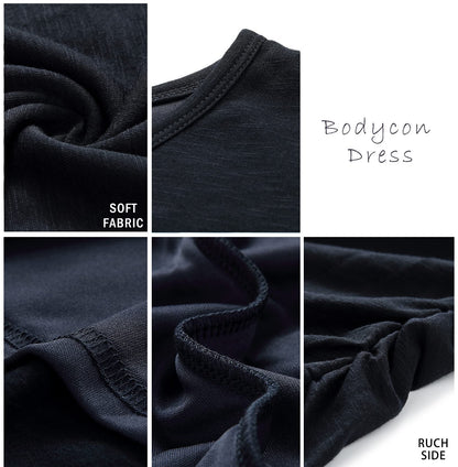 BTFBM Women's 2025 Summer Casual Beach Dresses Crew Neck Short Sleeve Wrap Party Club Mini Ruched Bodycon T Shirt Dress(Navy, Medium)