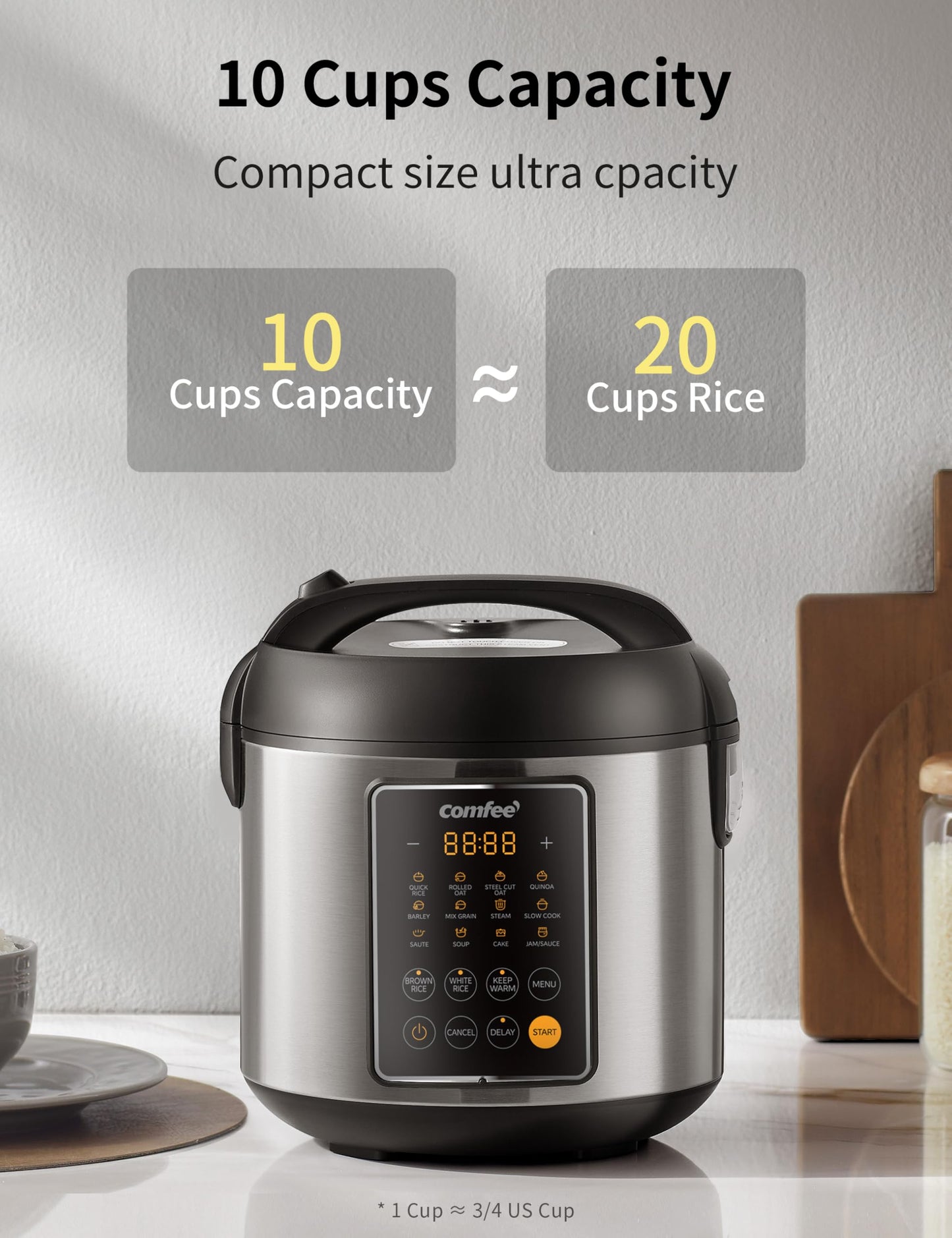 COMFEE' Rice Cooker, 14-in-1 Stainless Steel Multi Cooker, Slow Cooker, Steamer, Sauté, and Warmer, 5.3 QT, 20 Cups Cooked (10 Cups Uncooked), Brown Rice, Quinoa and Oatmeal