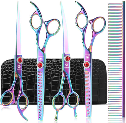 GLADOG 7 Inch Professional Dog Grooming Scissors Kit, Titanium Dog Scissors for Grooming, Heavy-Duty Dog Shears for Grooming, 6-in-1 Pet Grooming Scissors for Dogs (Pro Rainbow)
