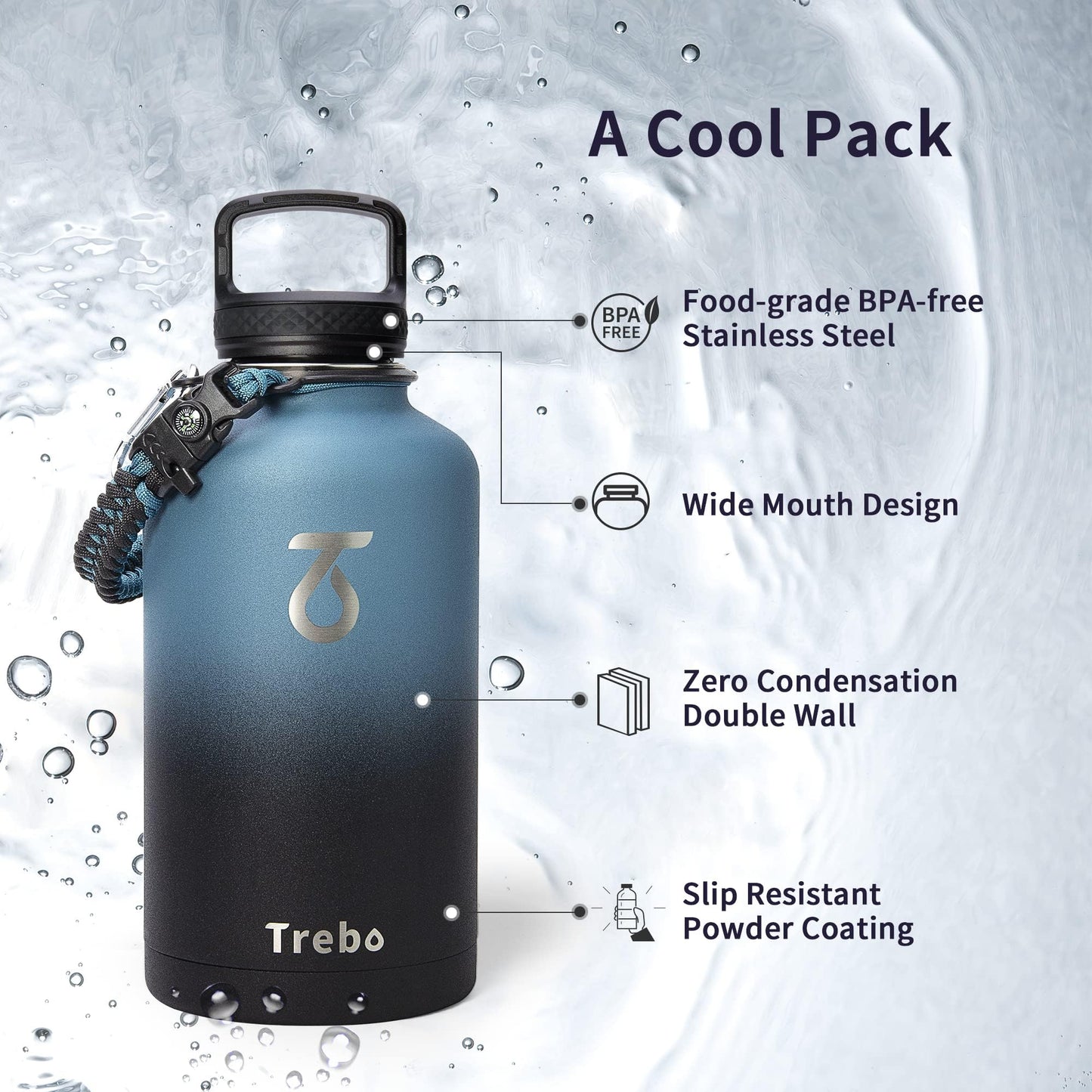 Trebo Water Bottle 64oz with Paracord Handle, Half Gallon Large Vacuum Double Wall Stainless Steel Insulated Water Jug with Holder Strap Straw Spout Lids, Leakproof Keep Cold & Hot, Indigo/Black