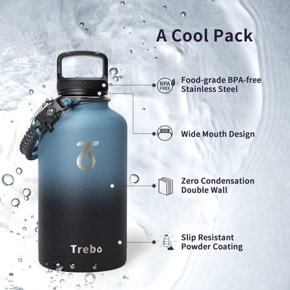 Trebo Water Bottle 64oz with Paracord Handle, Half Gallon Large Vacuum Double Wall Stainless Steel Insulated Water Jug with Holder Strap Straw Spout Lids, Leakproof Keep Cold & Hot, Indigo/Black