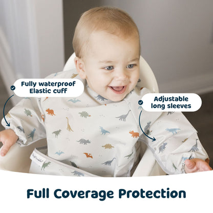 Tiny Twinkle Mess Proof Baby Bib,Waterproof Smock Baby Bib for Eating,Machine Washable Long Sleeve Bib,Baby Led Weaning,Toddler Bib,BLW Supplies(Dinosaur, Small 6-24 Months)