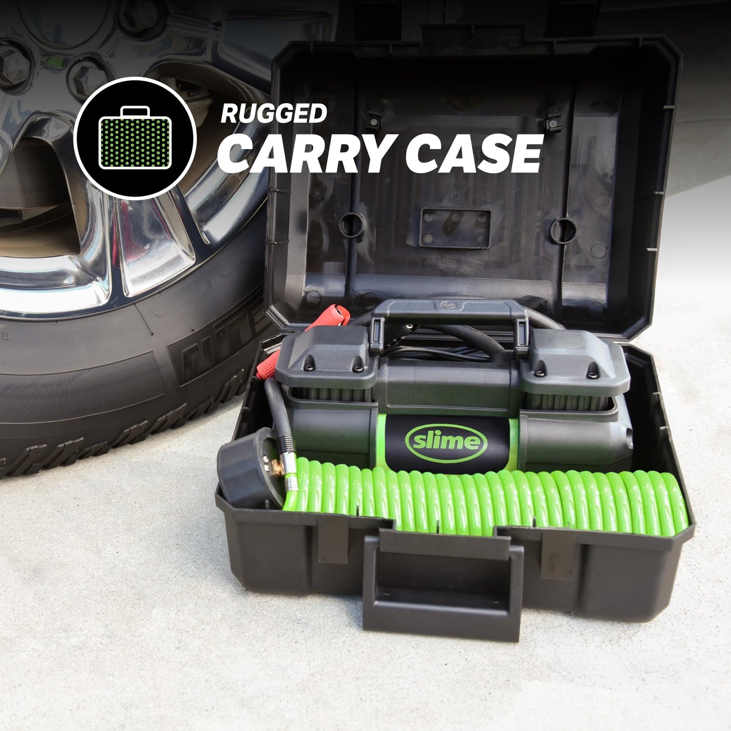 Slime 40026 Tire Inflator, Portable Car, SUV, 4x4 Air Compressor, Heavy Duty, 2x Pro Power, Heavy Duty, with Analog 150 psi Dial Gauge