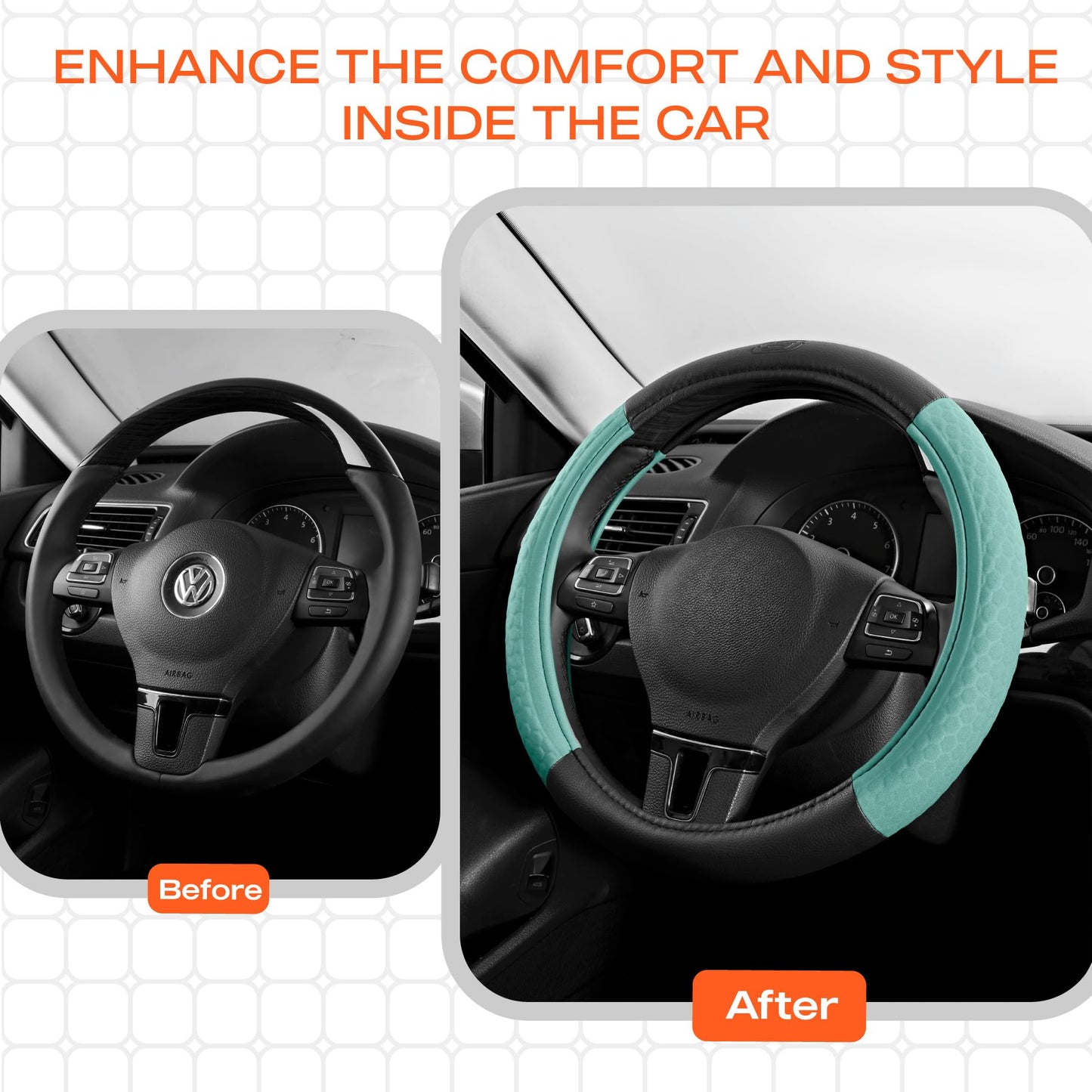 Skechers Steering Wheel Cover,Leather Steering Wheel Cover Hexcomb Design Embedded TPE Steering Wheel Universal Fit 14" 1/2-15" Car Wheel Protector for Men Women Fit Suvs,Vans,Sedans,Car,Trucks,Mint